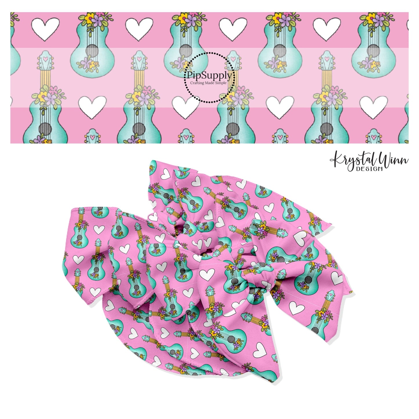 Floral Guitars Pink Hair Bow Strips